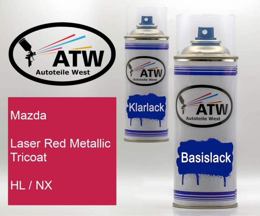 Mazda, Laser Red Metallic Tricoat, HL / NX: 400ml Sprühdose + 400ml Klarlack - Set, von ATW Autoteile West.